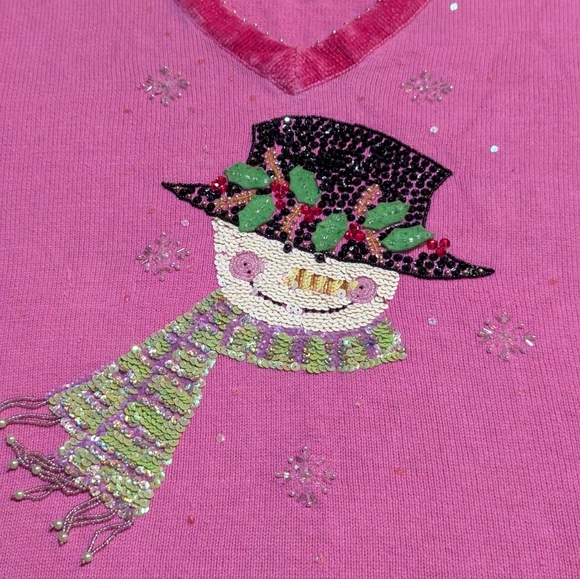 Quacker Factory Pink Beaded Embroidered Snowman 1X Ugly Christmas Sweater - Picture 6 of 6